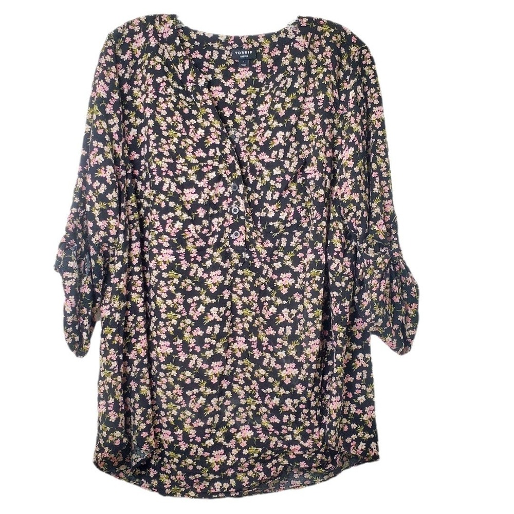 Torrid Harper Black Pink Floral Blouse Popover Top Roll Tab Sleeve Plus Size 1X